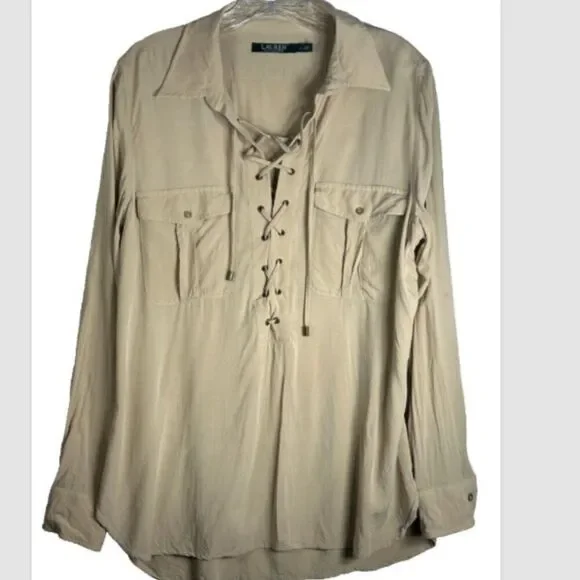 LRL Ralph Lauren ladies Lace up Blouse Large brown capsule career button front - Picture 11 of 11